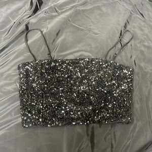 Express black sequin crop top